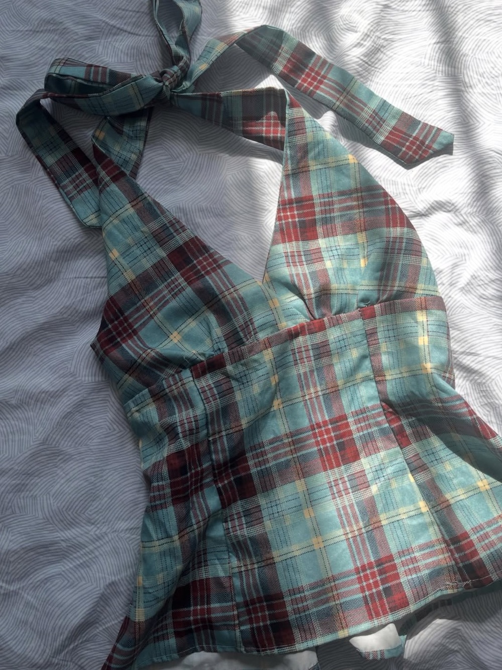 Edikted Y2K plaid halter top in teal and burgundy